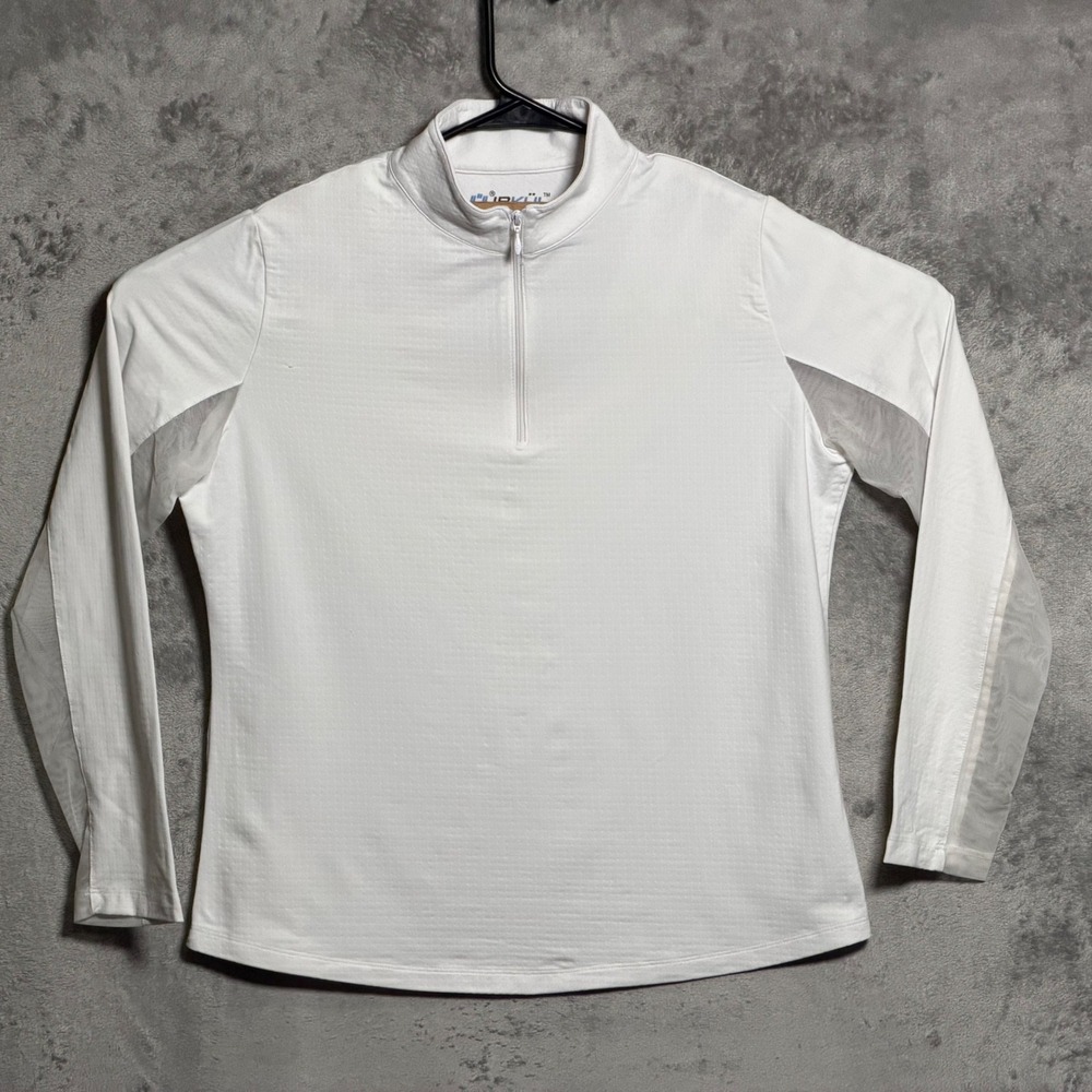 IBKUL Pullover Women Large White Mesh Panel Mock Neck 1/4 Zip Golf Tennis Preppy